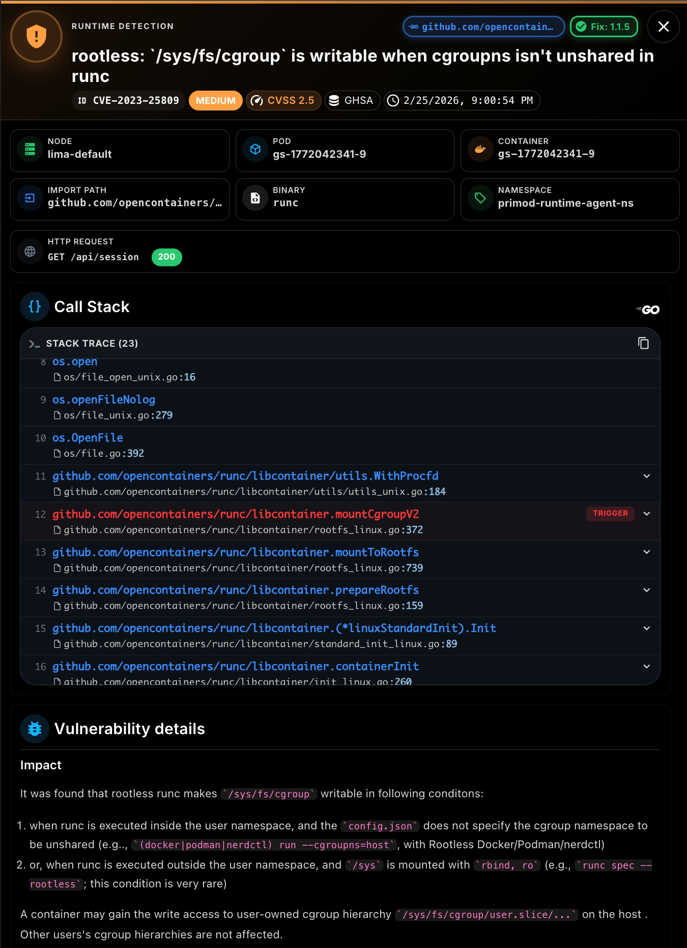 Primod CVE investigation panel with call stack and runtime context